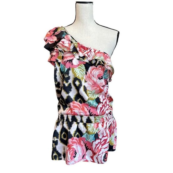 Arden B Womens Pink Black Floral Print One Shoulder Drop Waist Top Sz L NWT - Picture 2 of 8